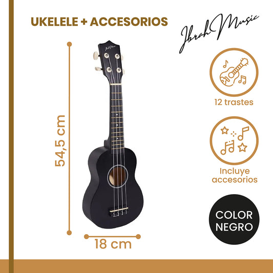 Ukelele Soprano 21” + Accesorios — Negro