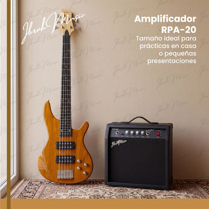 Bajo Eléctrico Ibrah HB 5 Cuerdas Madera + Amplificador PRA20W + Accesorios