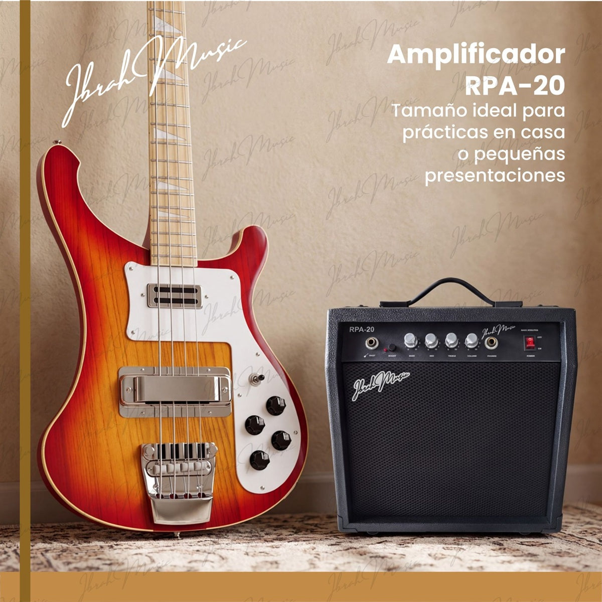 Bajo Eléctrico Ibrah RH 4 Cuerdas Sunburst + Amplificador PRA20W + Accesorios