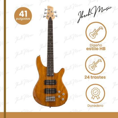 Bajo Eléctrico Ibrah HB 5 Cuerdas Madera + Amplificador PRA20W + Accesorios