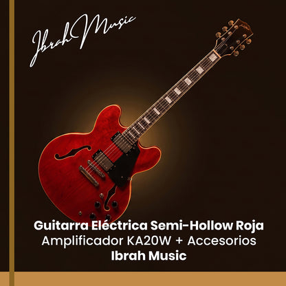 Guitarra Eléctrica Ibrah Semi-Hollow Roja + Amplificador KA20W + Accesorios