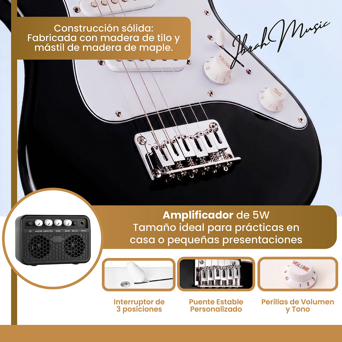 Guitarra Eléctrica Niño 30 pulgadas Negro Blanco + accesorios