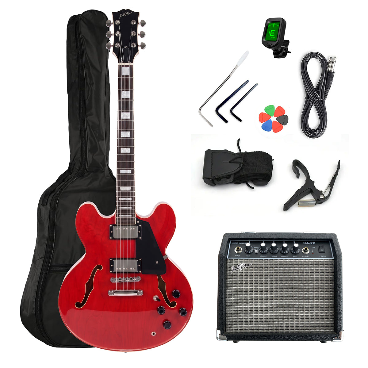 Guitarra Eléctrica Ibrah Semi-Hollow Roja + Amplificador KA20W + Accesorios