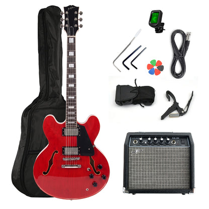 Guitarra Eléctrica Ibrah Semi-Hollow Roja + Amplificador KA20W + Accesorios