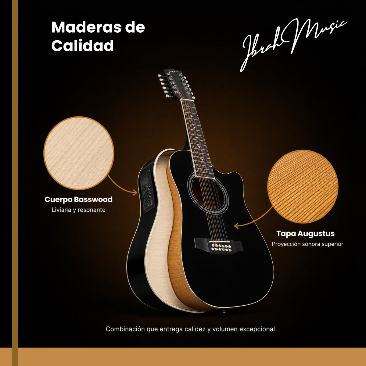 Guitarra Electroacustica De 12 Cuerdas Ibrah Music 41" Color Negra Con Funda De Transporte Y Pack Accesesorios - Default Title