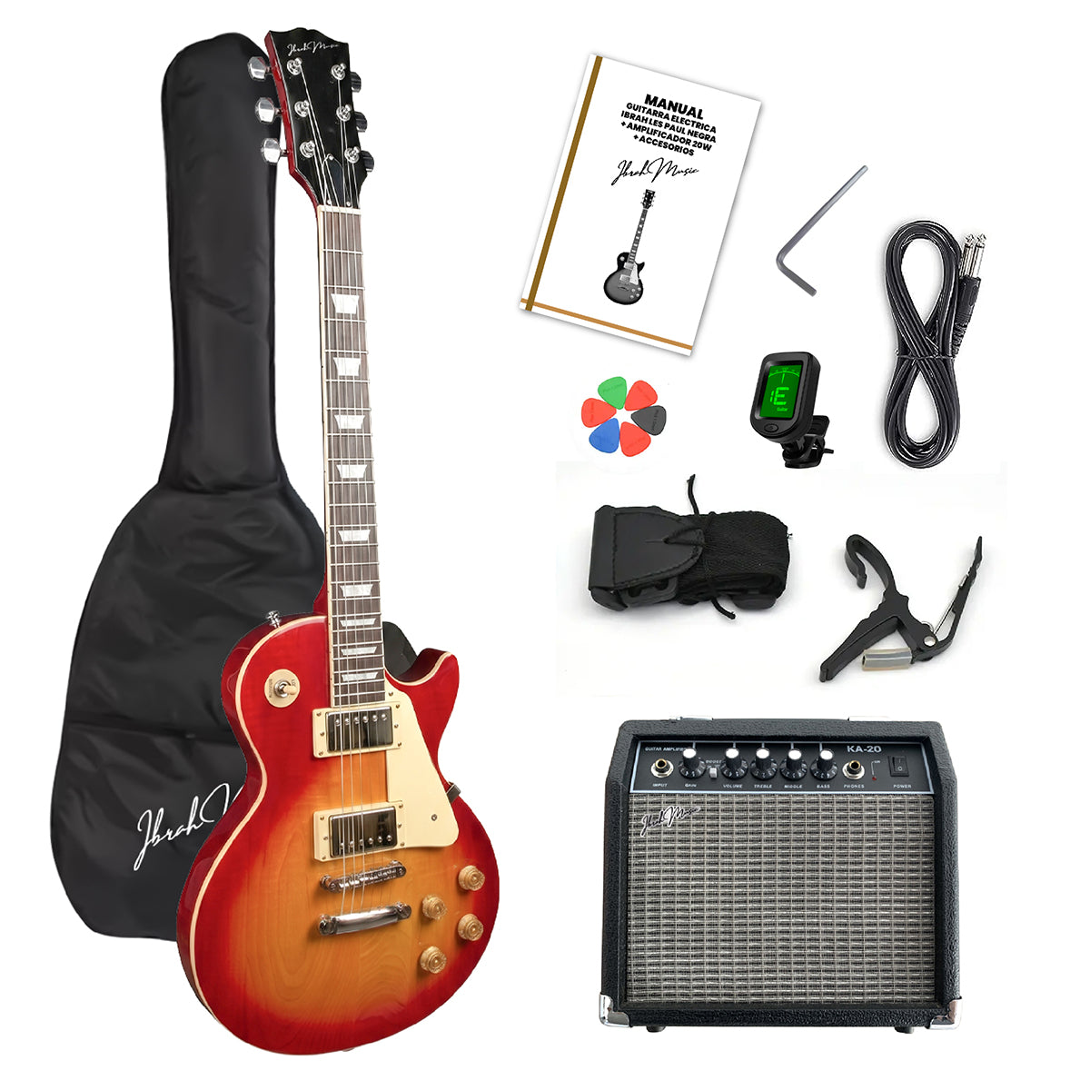 Guitarra Eléctrica Ibrah Les Paul Sunburst + Amplificador KA20W + Accesorios